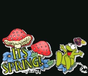 A frog with a mushroom and the words it's spring beautifully painted by Asheville painters.